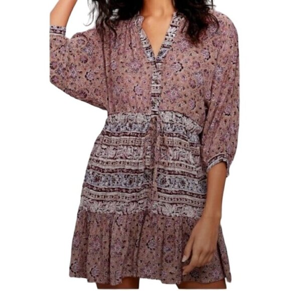 Billabong Women's Boho Marry Mine Taupe/Magenta Floral Mixed Rayon Dress Size S - Picture 1 of 12